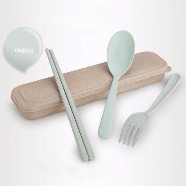 Wheat Straw Portable Camping Picnic Spoon Fork Chopsticks Set Flatware Green