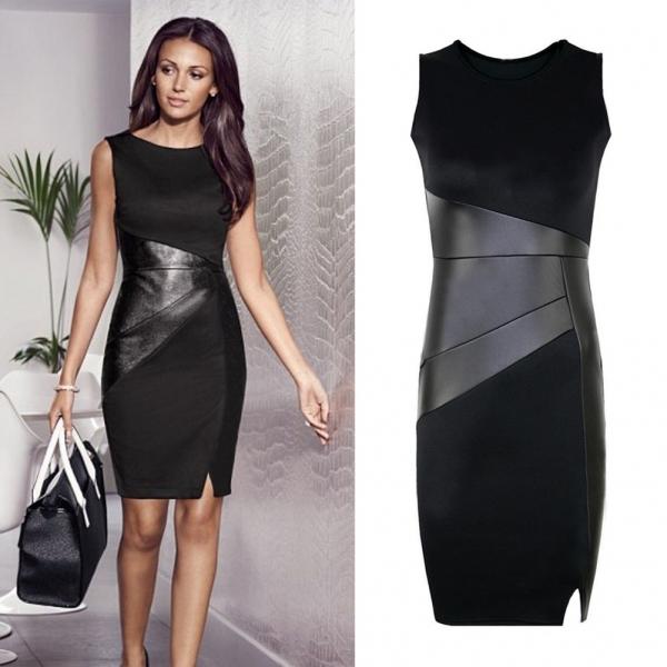 Women Faux Leather Splice OL Pencil Dress O Neck Sleeveless Elegant Slim Bodycon Party Dress Black - Xxxl