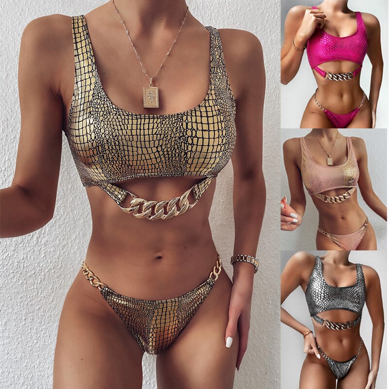 Women’s Snake Skin Pattern Bikini Suit Low Neck Metal Chain Decorations Tank Tops and Triangle Bottoms 2021 Summer New Style