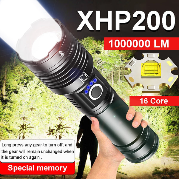 High Power 100000LM XHP200 16-Core Zoom LED Torch with 26650 Battery Rechargeable Outdoor Waterproof