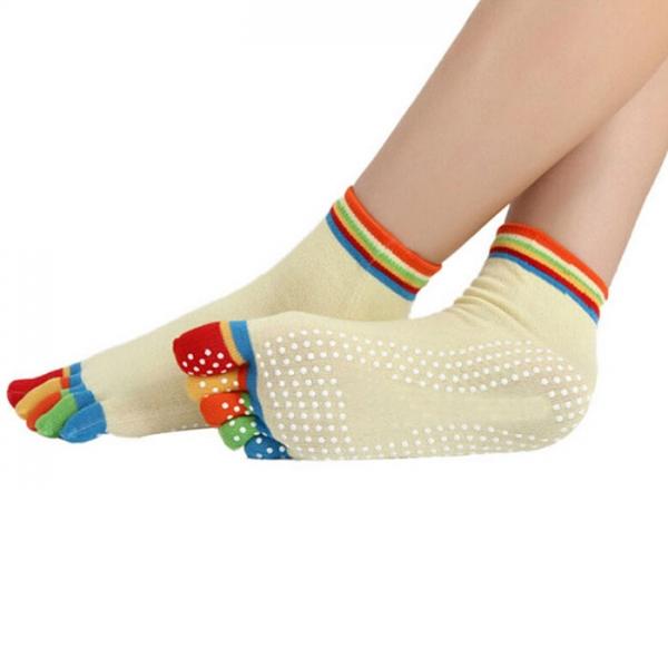 Yoga Practice Five-toes Anti-slip Granules Cotton Socks - Beige