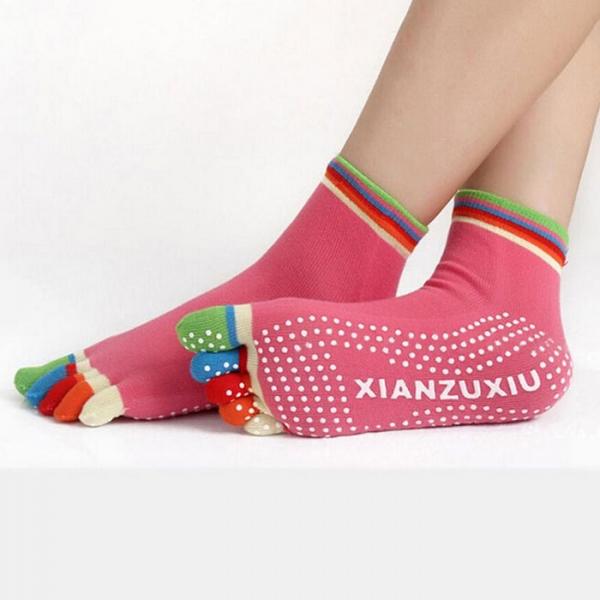 Yoga Practice Five-toes Anti-slip Granules Cotton Socks - Dark Pink