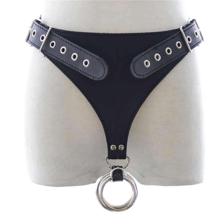 Faux Leather Adjustable Collocation Three Round Rings Black Underwear Panty