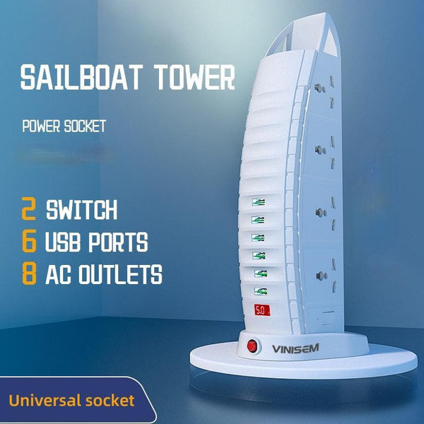 Creative Sailing Universal Socket British Standard 6USB Vertical Socket Desktop Office Dormitory Multi-function Cable Plug Board