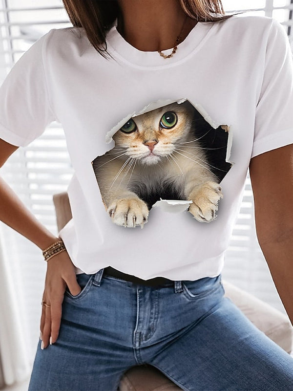 Women's Casual Daily 3D Cat Funny Tee Shirt T shirt Tee Cat Graphic 3D Short Sleeve Print Round Neck Basic Tops 100% Cotton