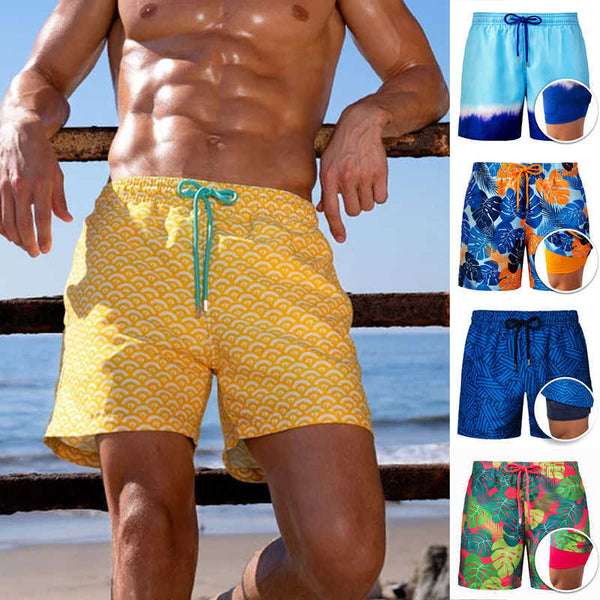 Men's beach pants sweatpants printed double layer shorts