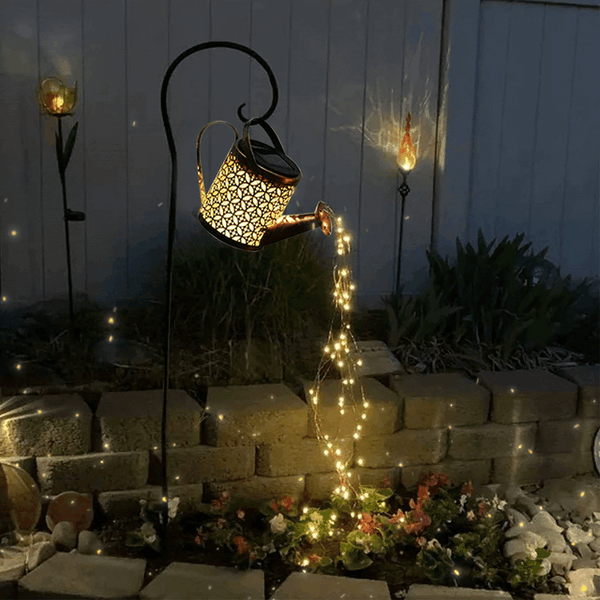 New solar garden garden waterfall light wall light Iron hollow light and shadow kettle shower lamp