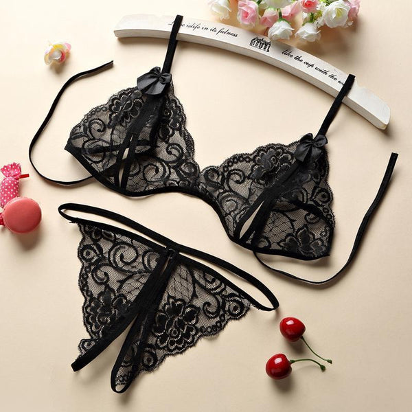 Bra+G-String Open Crotch Chastity Belt Lace Erotic Underwear Women Sexy Lingerie