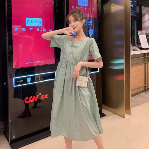 Teeker One Piece Maternity Dress Lactation Outfit Washable Cotton Summer Large Size Mid-to-long Loose Elegant Short-sleeved Dress For Pregnant Women