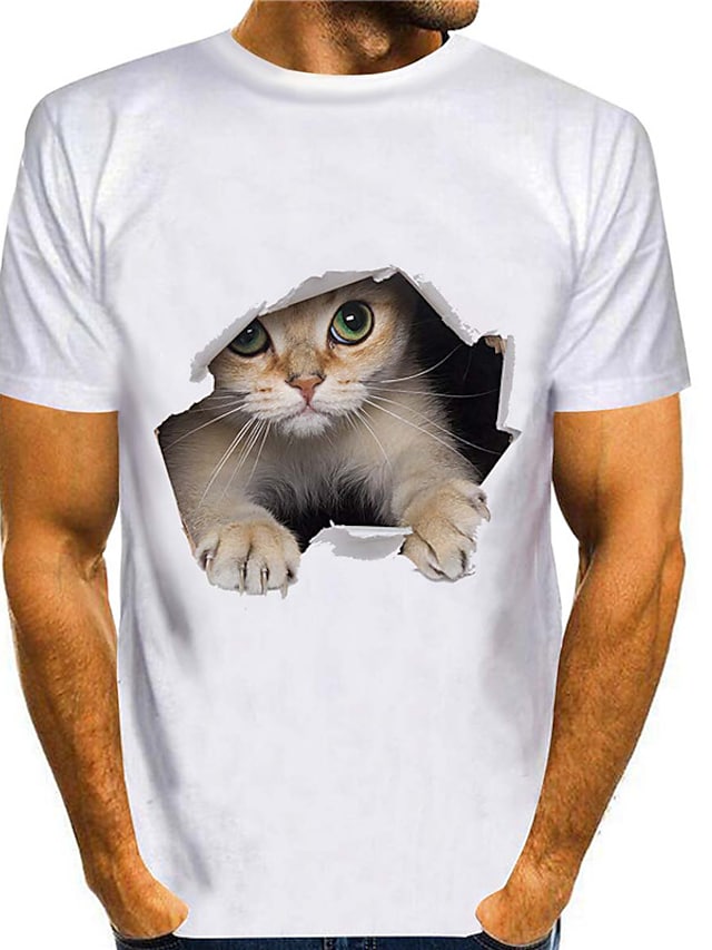 Men's  T shirt  3D Print Cat Graphic Prints Animal Plus Size Round Neck Casual Daily 3D Print Short Sleeve Tops Streetwear Slim Fit Workout  White